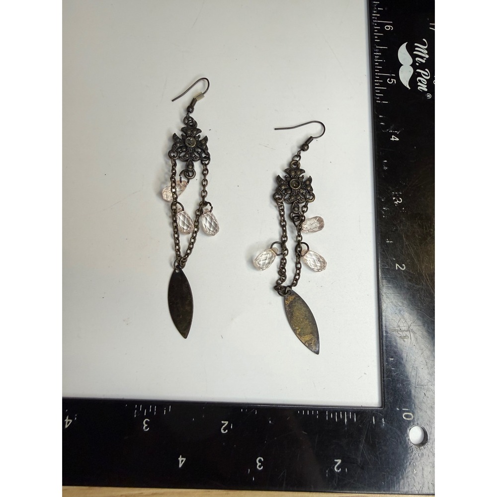 Antique Bronze Gothic Chandelier Earrings Clear Teardrop Beads Ornate Filigree